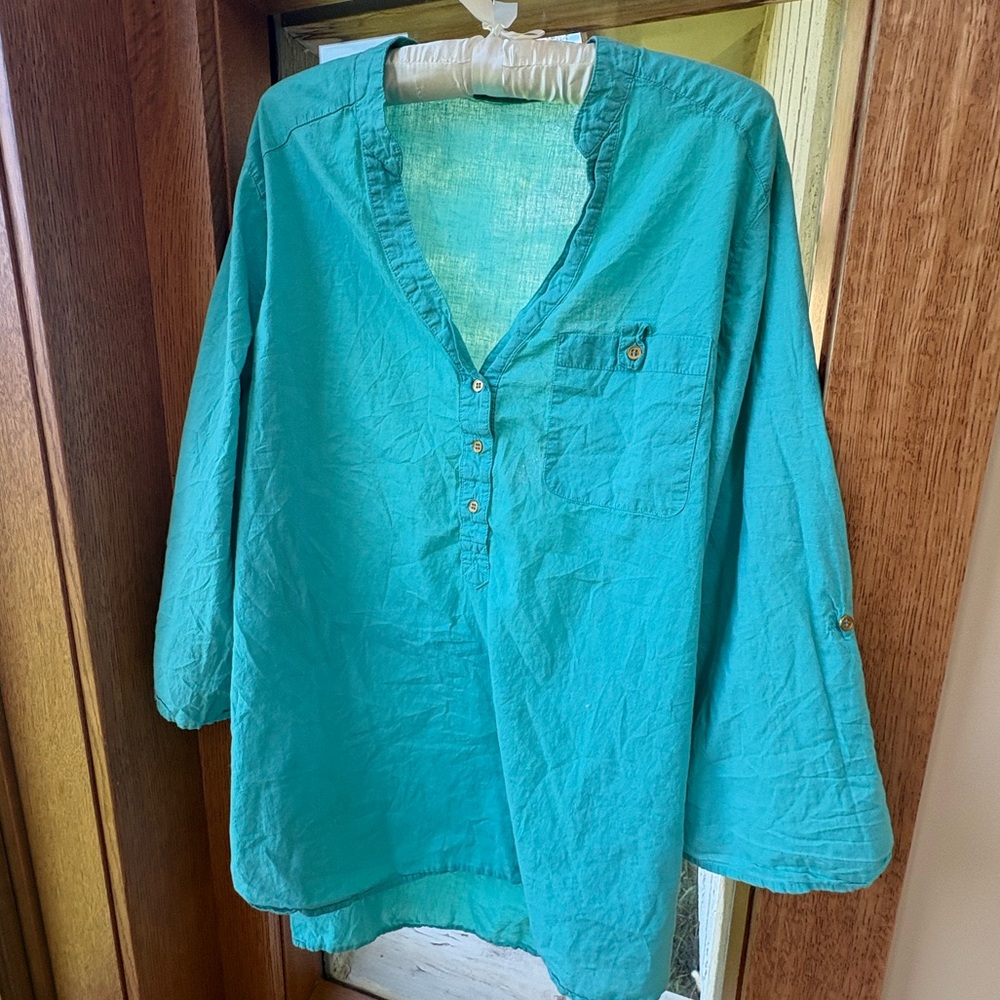 Hester & Orchard Turquoise Shirt 1/4 Button Down Lightweight Cotton 1X